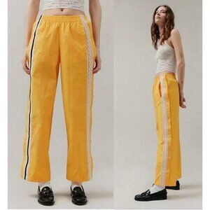 BDG Jess Yellow Nylon Track Pants Lace Stripe Full Snap Varsity Urban Outfitters